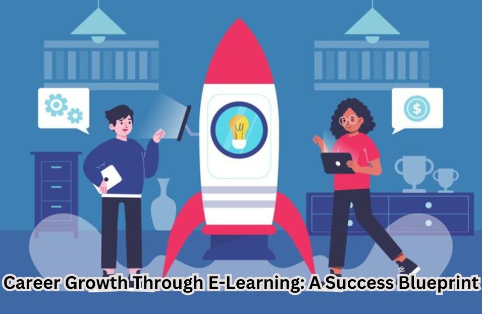 An image symbolizing career growth through e-learning, featuring a roadmap and educational elements, illustrating the success blueprint."